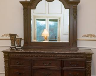 American Signature&nbsp;Marble Top Dresser w/ Mirror (Overall 96" Tall. Dresser is&nbsp;39" Tall&nbsp;x 20" Deep x 74” Wide. Mirror is 54" Tall x&nbsp;51.5” Wide )