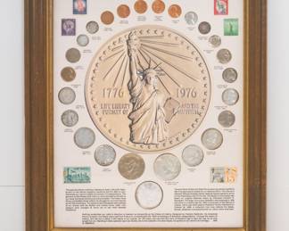 U.S. 20th Century coin display in wooden frame contains silver dollars, halves, quarters, and dimes, plus nickels and pennies.