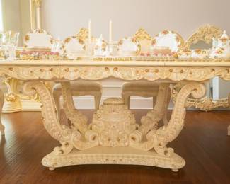 Italian Rococo Baroque Capodimonte French Provincial Style Dining Room Table and 6 Chairs (Dining Table is 102” Long (with leaf insert) x 46 3/4” Wide x 31” Tall. Leaf Insert is 23 7/8” Long x 46 3/4” Wide. Chair Seats are 21" Wide x 19.5” Deep x 46 1/4” Tall)