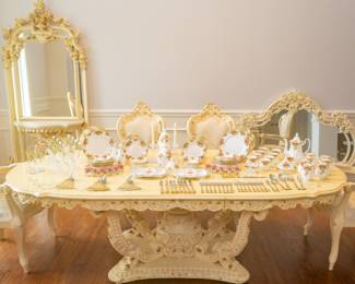 Italian Rococo Baroque Capodimonte French Provincial Style Dining Room Table and 6 Chairs (Dining Table is 102” Long (with leaf insert) x 46 3/4” Wide x 31” Tall. Leaf Insert is 23 7/8” Long x 46 3/4” Wide. Chair Seats are 21" Wide x 19.5” Deep x 46 1/4” Tall)