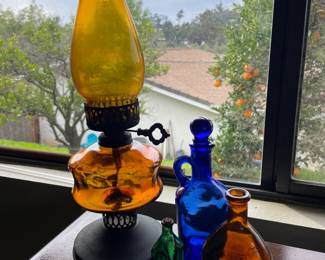 Amber Glass Lanterns and Vintage Glass Bottles