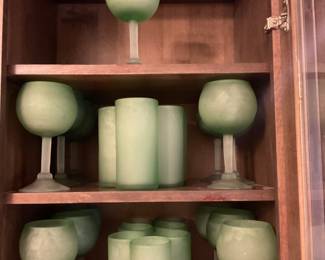 Unique glass ware (13] Wine (14) Water/Tea glasses Mexican, green blown wine and water glasses