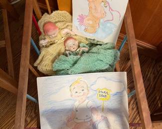Vintage doll bed and vintage pictures