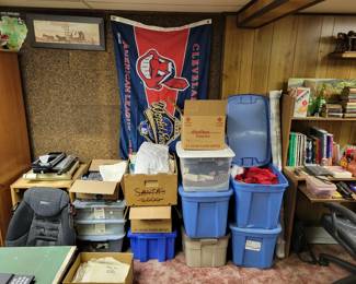 Bins and totes of fabric and yarn.