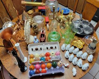 Lots of cool stuff here, some vaseline glass, Italian marble eggs, brass  kaleidoscope, candle sticks and more!