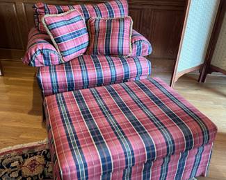 Ethan Allen wide plaid lounge chair with ottoman