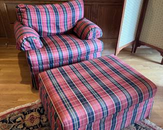 Ethan Allen wide plaid lounge chair with ottoman