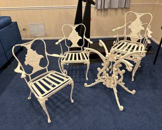 Antique White Wrought Iron chairs and table pedestal (missing glass top)