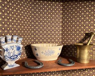 ANTIQUE MORTOR & PESTAL, FOOD MOLD, ETC