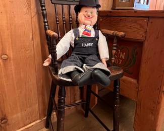 STAN HARDY VENTRILOQUIST DOLL ON AN ANTIQUE PRESSED BACK HIGH CHAIR