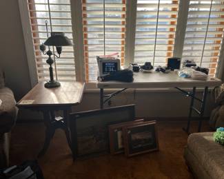 Antique table, lamp, pictures etc.