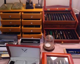 Fountain Pens on Stands and Inkwells. Large Collection. Storage Cases for sale too