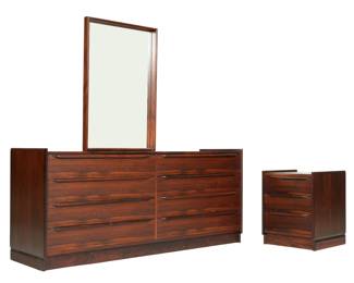 Lot 107: Rosewood Chest of Drawers, Mirror, and Nightstand