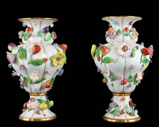 Lot 40: Pair Meissen Floral Porcelain Vases