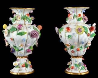 Lot 40: Pair Meissen Floral Porcelain Vases