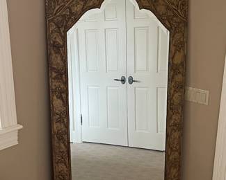 Large, ornate metal frame floor mirror 79” tall c 39” wide. 