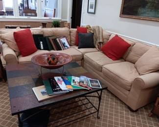 Comfy sectional, tile top square coffee table