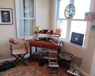 Stained glass , folding children's chairs,
Xl pottery bowl on stand, wash stand 