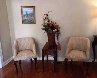 Pr cabriole legs side chairs. 1 drawer tea table 