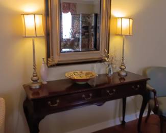 Beveled mirror,  console table, large Pittman bowl