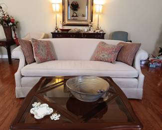 Large pottery bowl, square,  glass top, mahogany coffee table

