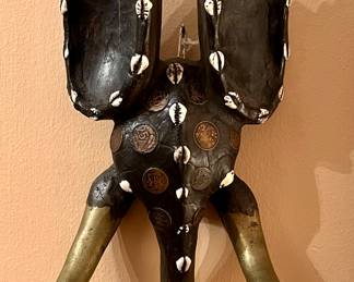 African Handmade Elephant Coin Mask w/ Cowrie & Brass Tusks Nigeria 1960s