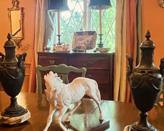Large CYBIS bisque porcelain horse and stunning bronze urns with Carrera marble vases from Italy 