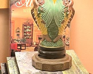 One of a pair of antique majolica lamps