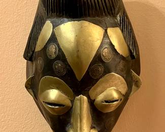 African Hand Carved Masks With Brass and Coin Insets from 1970's