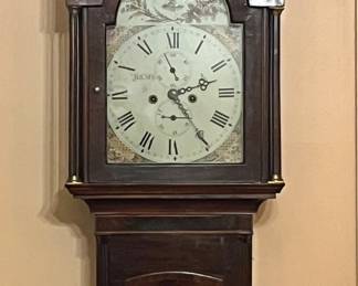 Mahogany long case clock from France with ivory keyhole and original enameled face.  1790-1820