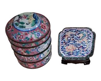 Marked Chinese Canton Enamel Stacked Sweetweet Box & Dragon Dish