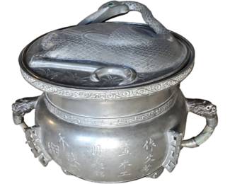 Antique Chinese 3-Part Pewter Warming Dish with Figural Crane Lid and Various Inlaid Stones