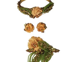 Rare Miriam Haskell 3-Piece Demi-Parure with Floral Carved Bone Embellishments