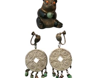 Pair of Chinese Sterling Silver Filigree Coin Earrings & Enameled Panda Pendant