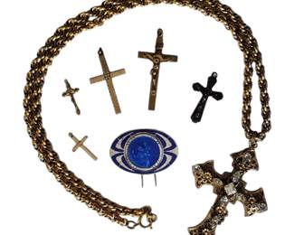 (6) Antique Crucifix Pendants & Necklace with Enameled Sterling Silver St. Christopher Pin