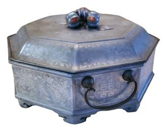 Chinese Lidded Pewter Warming Dish with Inlaid Semiprecious Stones