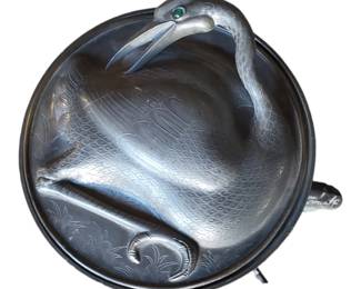 Lid for Antique Chinese 3-Part Pewter Warming Dish with Figural Crane Lid and Various Inlaid Stones