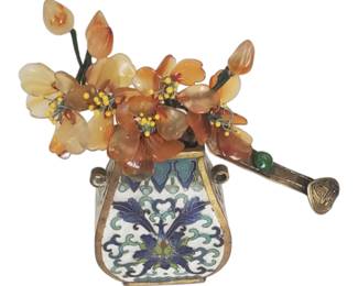 Rare Chinese Fang Hu Form Cloisonné Vase with Agate Flowers and Ruyi Scepter