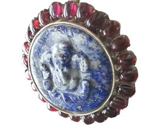 Large Carved Lapis Lazuli Ganesh Medallion Surrounded by Ruby or Garnet Cabochons