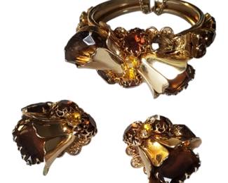 Vintage Huge Topaz Rhinestone Bell Flower Clamper Bracelet and Earring Set