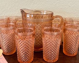 Anchor Hocking "Miss America" Pitcher & 8 Tumblers