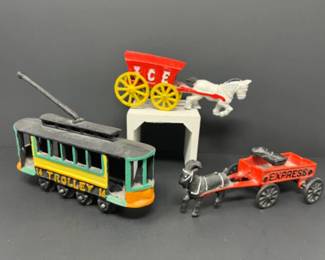 Vintage Cast Iron Toys - Trolley, Horse & Wagon, & Goat w/ Cart