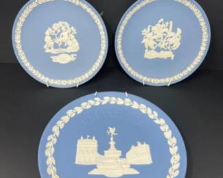 (3) Vintage Wedgwood Blue Jasperware Plates - Mother & Christmas