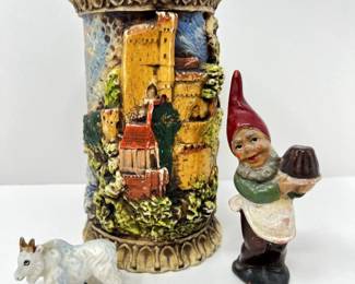 Vintage German Candle + Ceramic Gnome & Goat Figurines