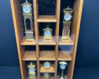 Vintage Miniature Brass Tone Clocks Collection in Display Case
