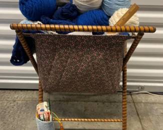 Vintage MCM Fabric Folding Knitting Basket w/ Yarn & Needles