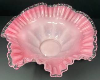 Vintage Pink & White Fenton Crimped Ruffle Rim Silver Crest Bowl 