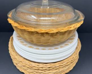 Vintage Corelle Butterfly Gold Plates + Wicker Servingware
