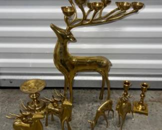 Vintage & Modern Brass Gold Tone Candle Holders & Christmas Reindeer