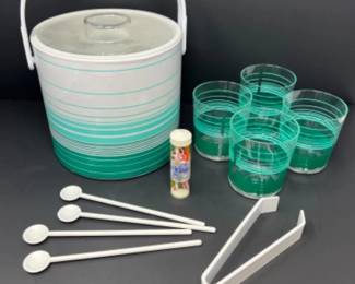 Vintage Phoenix Green Stripe Ice bucket, Cups, & Stirrers Set